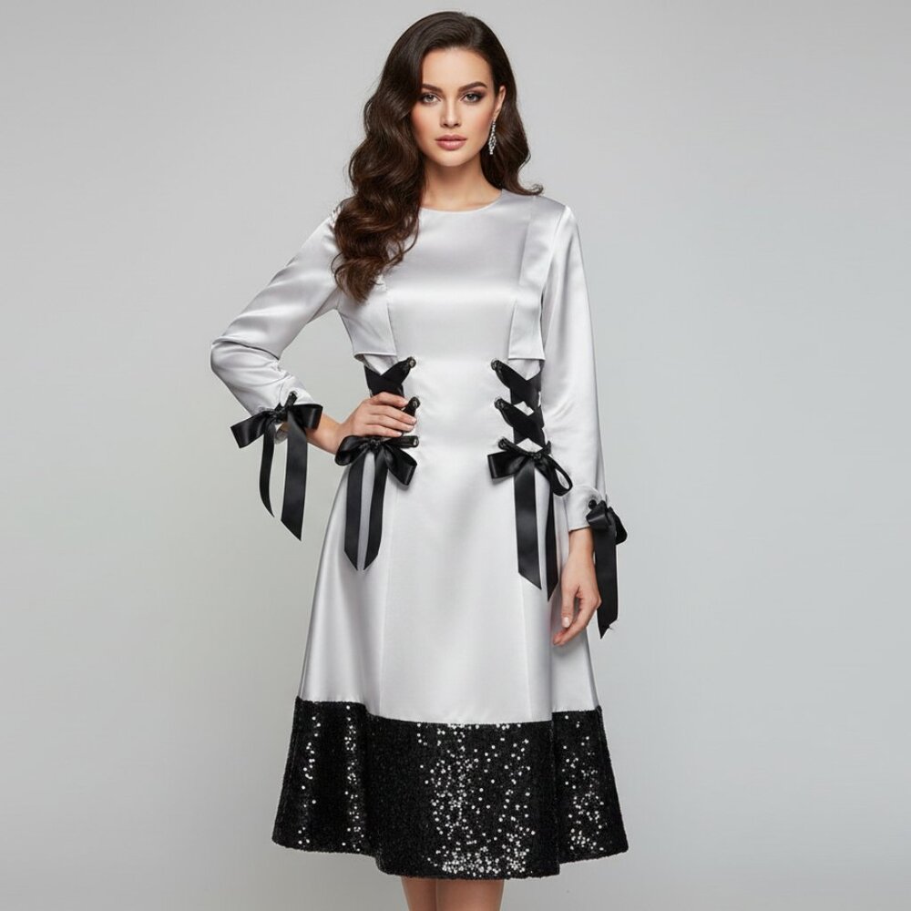 Women's Dress Custom Silver Grey Bows Sequin Party Wedding Size 10 $1600